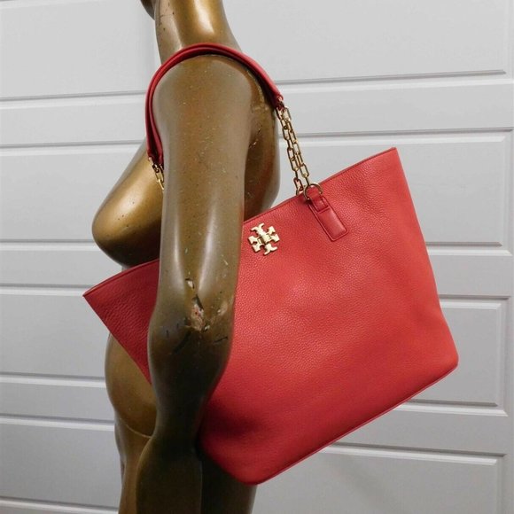 Tory Burch Red Pebbled Leather Large Chain Tote Shoulder Bag - Picture 2 of 6